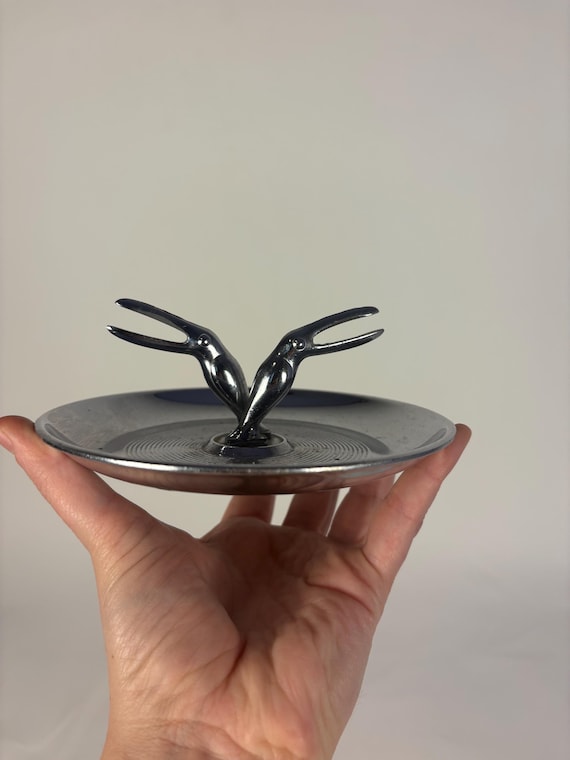 vintage ashtray with cigarette holder Vintage Chrome Pelican Ashtray with Cigarette Holder | MCM Smoking Tray |  Bar Decor