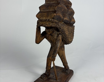 Hand Carved Wooden Porter Figurine Sculpture Vintage Man Carrying Load Folk Art Wood Statue