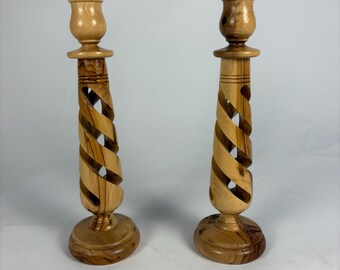 Hand Carved Olive Wood Candlesticks Set of 2 11” Spiral Twist Wooden Candle Holders
