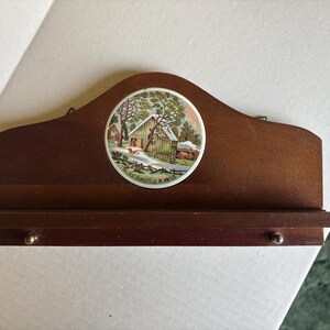Vintage Wooden Wall Shelf with Decorative Plate • “The Old Homestead in Winter”