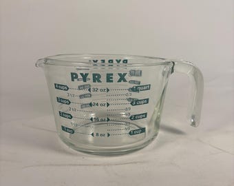 Vintage Pyrex 4 Cup Glass Measuring Cup – 1 Quart With Teal/Blue Markings