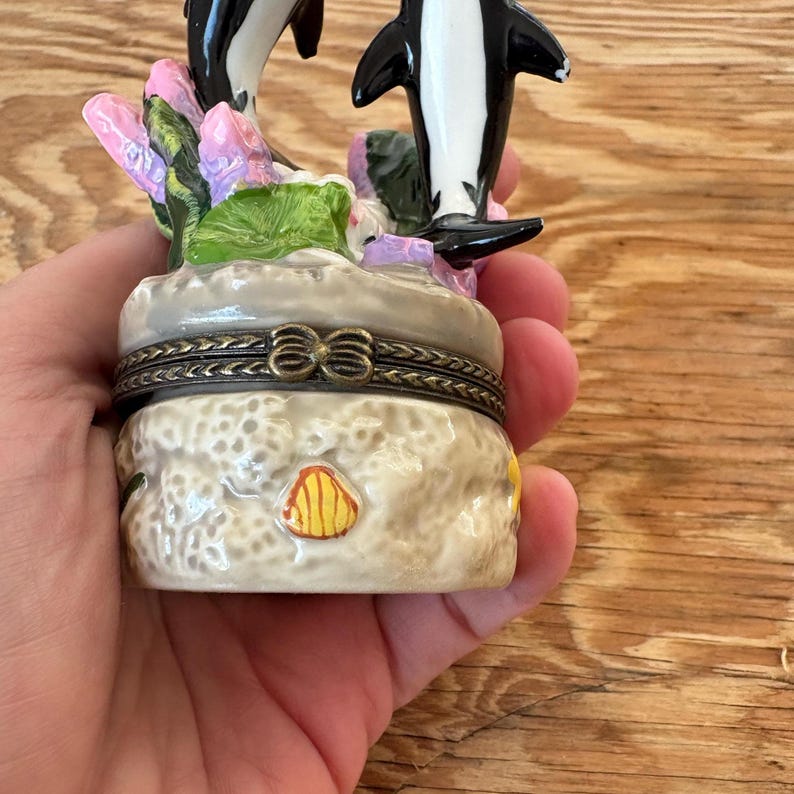 1990s Dolphin Trinket Box | Ceramic Hinged Keepsake Box with Coral Reef Design | Ocean Decor | Gift for Sea Life Lover | Y2K Girl Gift