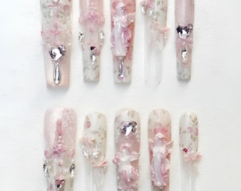 Barocka ängelpressnaglar | Vintage shabby chic roskonst | Rosa kokett sagoliknande naglar | Återanvändbart 3D-kerub och kristall nagelset