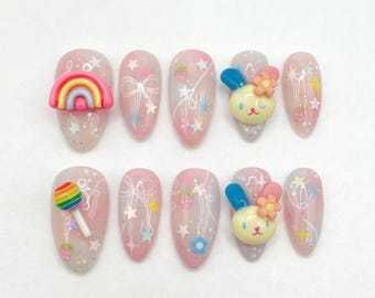 Kawaii 3D Bunny Press On Nails, Rainbow Star Gelx Nail Art