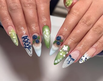 Matcha Blueberry Rabbit Press On Nails: Sweet Kawaii Nail Art Set