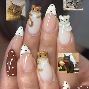 3D Kitty French Tip Press On Nails, Bruna Prickiga Mandel Lösnaglar