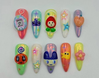 Uñas postizas Tamagotchi Y2K, diseño retro en 3D