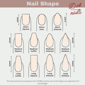 May include: Diagram illustrating various nail shapes, including Short Square (18mm), Short Oval, Short Almond (21mm), Medium Square (25mm), Medium Coffin, Medium Almond, Medium Stiletto (26mm), Long Coffin (30mm), Long Square, Long Almond, and Long Stiletto (33mm).