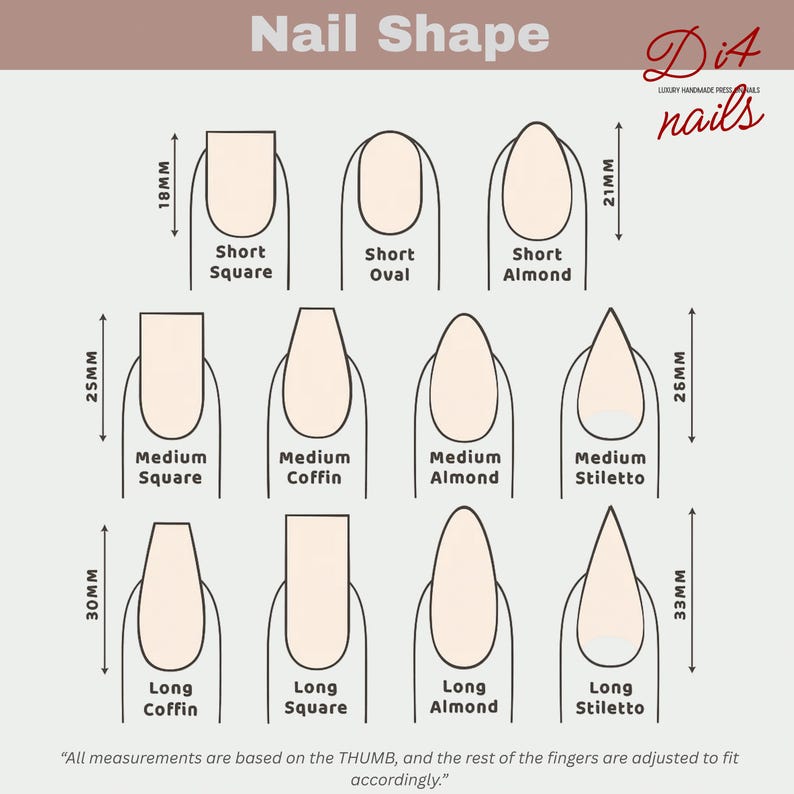 May include: Diagram illustrating various nail shapes, including Short Square (18mm), Short Oval, Short Almond (21mm), Medium Square (25mm), Medium Coffin, Medium Almond, Medium Stiletto (26mm), Long Coffin (30mm), Long Square, Long Almond, and Long Stiletto (33mm).