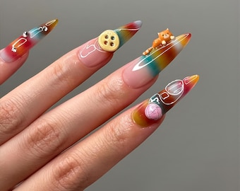 Hand-Painted Cat Yarn Press-On Nails: 3D Calico Kitty Set