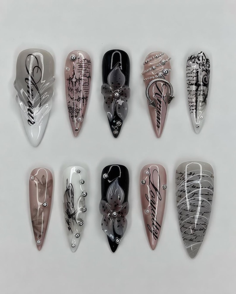 Gothic Script Press on Nails | 3D Floral Pierced Nail Art - Etsy