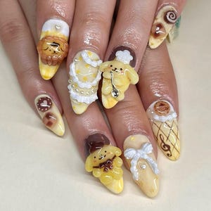 Pom.pom.purin San.rio Inspired Press On Nails | 3D Pudding Chef Art | Kawaii Yellow Dessert Cafe Nail | Custom Handmade Character Gift
