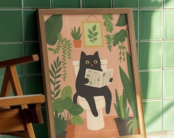 Lustige Badezimmerkunst mit schwarzer Katze – Verspieltes Toilettenposter – Rosa Digitaldruck mit Pflanzenmotiv (5 Größen)