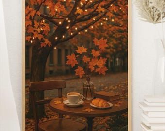 Herbstcafé-Poster – Gemütliche Outdoor-Szene mit Lichtern und fallenden Blättern – Digitale Wanddekoration