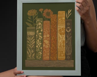 Poster mit botanischen Buchrücken – Dunkelgrüner Digitaldruck – Vintage-Blumenbuch-Wandbild (5 Größen)