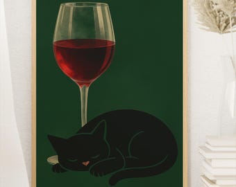 Wine & Cat Poster-Cozy Minimalist Wall Art-Green Printable Decor-Digital Download