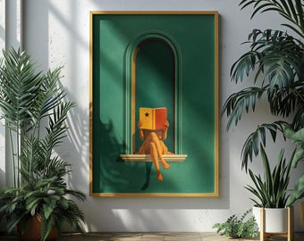 Smaragdgrüne Frau liest – Kunstdruck – Wandbild, Bibliothek, Geschenk für Bücherliebhaber, minimalistische Dekoration