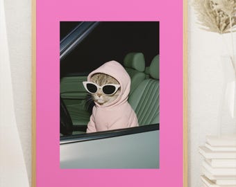 Cool Cat in Convertible – Retro Digital Wall Art | Funny Animal Poster | Pink Hoodie Cat Printable