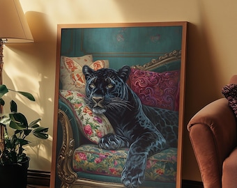 Schwarzer Panther auf Stuhl mit grünem Blumenmuster – Kunstdruck, digitaler Download, digitale Kunst, StarDesignCreaties