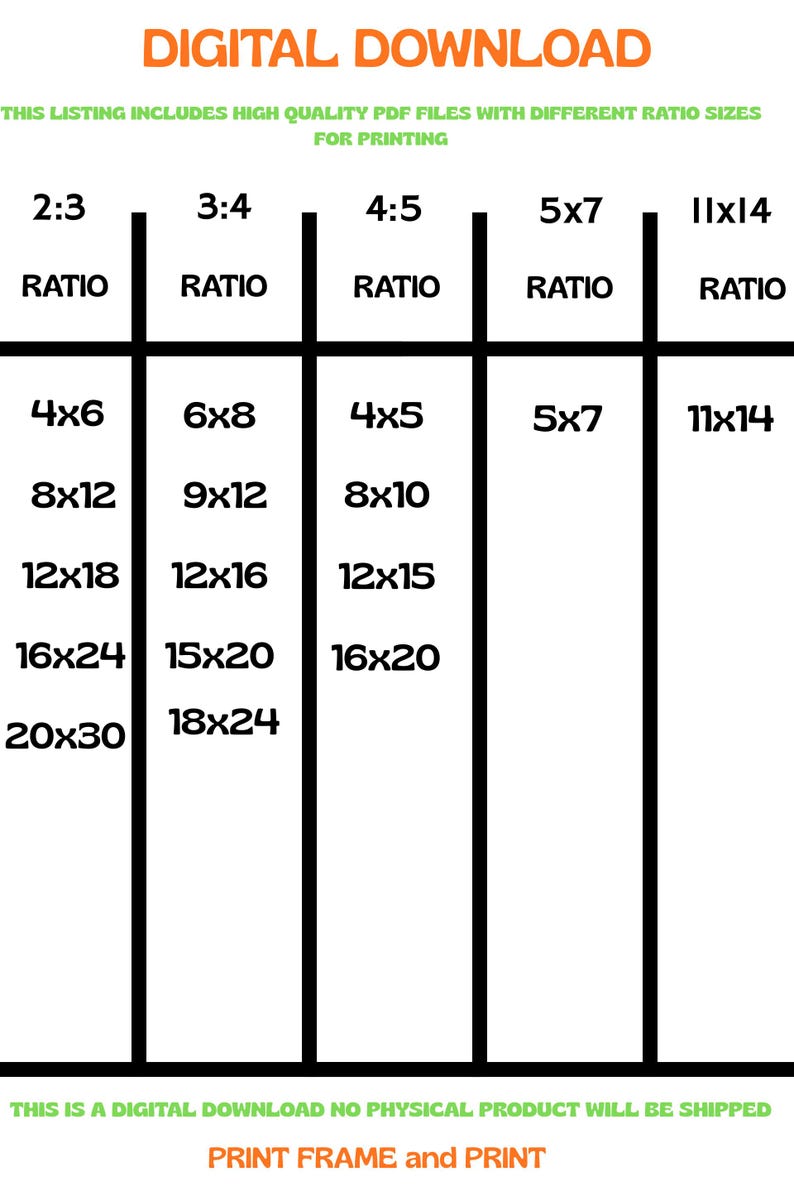 Peut inclure: Image d'un t&eacute;l&eacute;chargement num&eacute;rique avec diff&eacute;rentes tailles de ratio d'impression : 2:3, 3:4, 4:5, 5x7 et 11x14. Les tailles d'impression correspondantes incluent 10x15 cm, 15x20 cm, 10x13 cm, 13x18 cm et 28x35 cm. Le texte indique des fichiers PDF de haute qualit&eacute;.