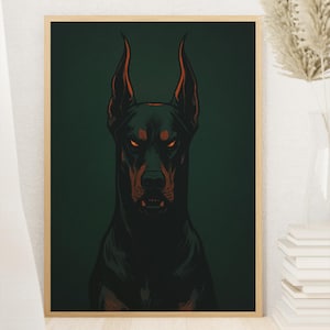 Könnte beinhalten: Ein gerahmter Kunstdruck mit einer stilisierten Illustration eines Dobermanns. Der Hund ist schwarz mit rotbraunen Akzenten und leuchtend orangefarbenen Augen auf einem dunkelgrünen Hintergrund. Das Kunstwerk befindet sich in einem Holzrahmen.