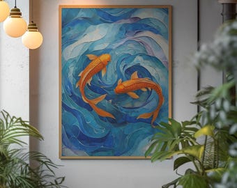 Koi-Karpfen im blauen Wasser – Japanische Wanddekoration – Wohnzimmerkunst – Digitaler Download – Druckbares Wandbild – Japanisches Poster
