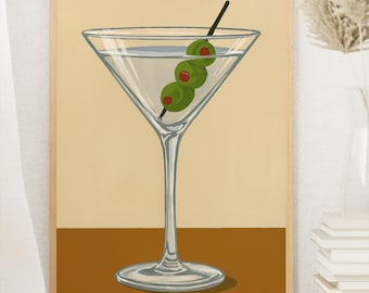 Martini Cocktail Wall Art-Olive Garnish Bar Decor-Beige Printable Poster-Digital Download