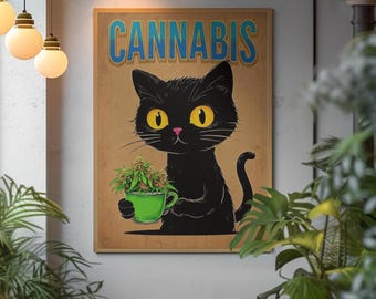 Schwarze Katze Cannabis Poster – Lustiges Poster zum Ausdrucken – Katzenposter – Cannabis-Wandbild – Digitaler Download
