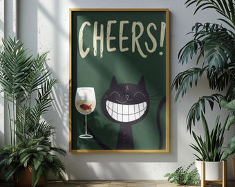 Schwarze Katze lächelt mit Glas – Katzenbild für die Wand – Retro-Katzenbild – Prost-Poster – Lustiges Wandbild – StarDesignCreaties