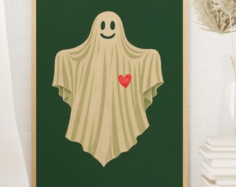 Cute Ghost with Heart-Whimsical Halloween Wall Art-Friendly Ghost Printable Poster-Digital Download
