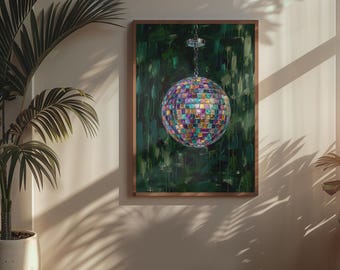Disco Ball Wall Art Print, Dark Green Botanical Poster, Retro Groovy Home Decor, Colorful Disco Ball Painting, Boho Living Room Print