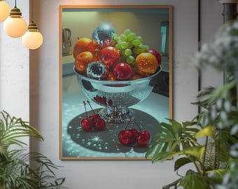Discokugel-Frucht – Dopamin-Kunst – Discokugel-Poster – Fruchtgemälde – Maximalistisches Dekor – Digitaler Download – Feministische Wandkunst