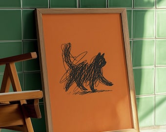 Gekritzelte Katzenillustration – Minimalistischer orangefarbener Wanddruck – Modernes digitales Tierposter (5 Größen)