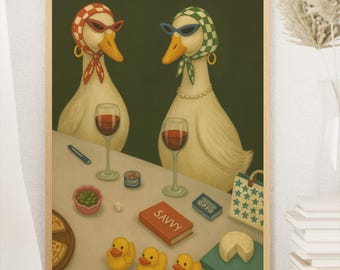 Witzige digitale Wandbilder mit Enten und Wein, originelles Poster zum Ausdrucken mit stylischen Enten, Käse und Wein, Retro-Kunst digital