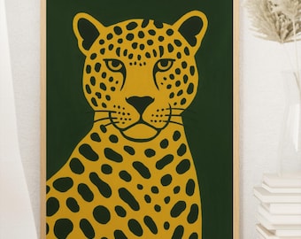 Leopard Wall Art-Jungle Animal Poster-Dark Green Printable Decor-Digital Download