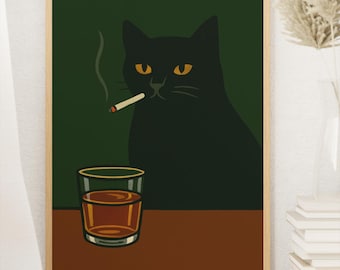 Schwarze Katze Illustration – Digitale Kunst mit Whiskey und Zigarette, Surrealer Tierdruck, druckbarer Download