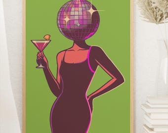 Disco Diva Wall Art - Retro Women with Martini & Mirror Ball Head