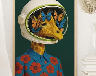 Surreal Giraffe Astronaut Poster – Retro Animal Wall Art with Butterflies – Digital Download for Modern Home Decor