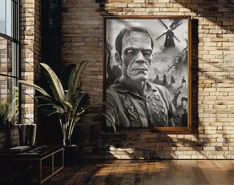 Gothic-Frankenstein-Kunstdruck, düstere Horror-Wanddekoration, Retro-Monsterillustration, Schwarz-Weiß-Poster zum Ausdrucken