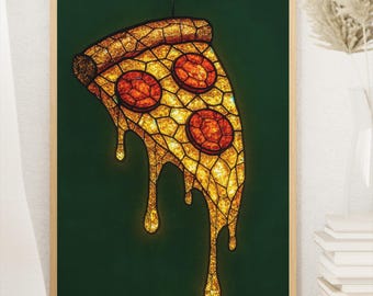 Digital Pizza Poster – Stained Glass Style Wall Art | Retro Fast Food Print for Kitchen or Café