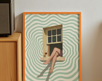 Retro Surreal Wall Art Print | Woman's Legs Window Poster | Mid Century Psychedelic Swirl Decor | Quirky Wine Glass Art | Digital Download
