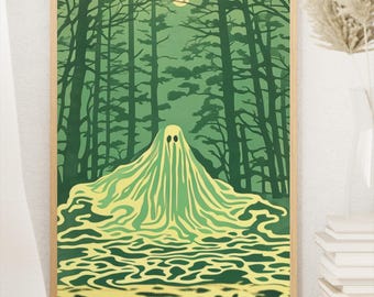 Whimsical Ghost Art Print – Halloween Wall Decor in Dark Green