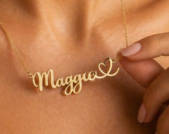 14K Solid Gold Personalized Name Necklace, Custom Script Jewelry, Heart Detail, 250003