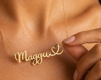 14K Gold Personalized Script Name Necklace with Heart, Custom Gold Plated Jewelry, 250004