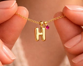 Personalized Initial Necklace with Birthstone, Custom Gold Letter Jewelry