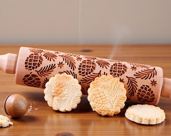 Pine Cones Pattern Embossed Dough Roller - Laser Engraved Embossing Wooden Rolling Pin – Cookies Decorating Roller – Cookies Stamp Roller