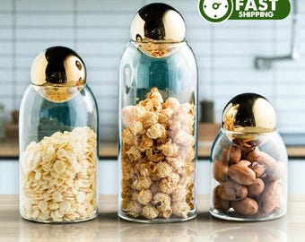 Tarro de vidrio para almacenamiento con bola de corcho, almacenamiento de alimentos para la cocina, tarros con bola de corcho plateada y dorada, recipiente de vidrio para especias, legumbres, hierbas, azúcar.