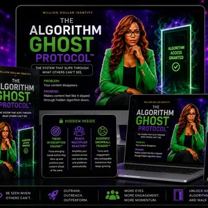 Könnte beinhalten: Werbebild für "The Algorithm Ghost Protocol" mit einer Frau in einem grünen Blazer. Das Bild enthält ein Buch, einen Laptop, ein Tablet und ein Telefon, die alle das Branding und den Text des Produkts anzeigen. Der Text enthält "Algorithm Access Granted" und "Be Seen When Others Can't."
