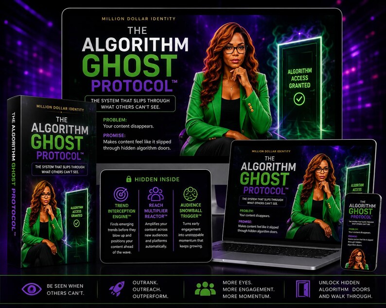 Puede incluir: Imagen promocional de "The Algorithm Ghost Protocol" con una mujer con una blazer verde. La imagen incluye un libro, un port&aacute;til, una tableta y un tel&eacute;fono, todos mostrando la marca y el texto del producto. El texto incluye "Algorithm Access Granted" y "Be Seen When Others Can't."