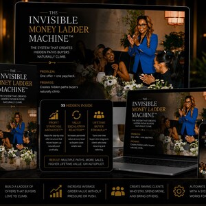 Puede incluir: Imagen promocional de "The Invisible Money Ladder Machine" en varios dispositivos. El texto destaca la capacidad del sistema para crear caminos ocultos para los compradores. La imagen incluye un portátil, un teléfono y un libro, todos con la misma marca.